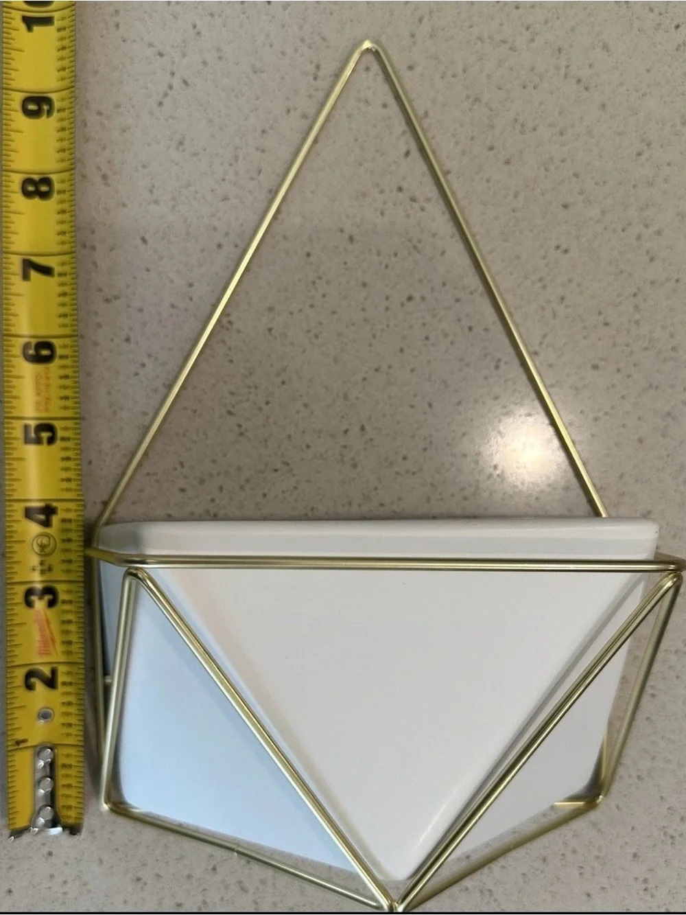 One Geometric Hanging Planter with Gold Frame and White Ceramic Pot